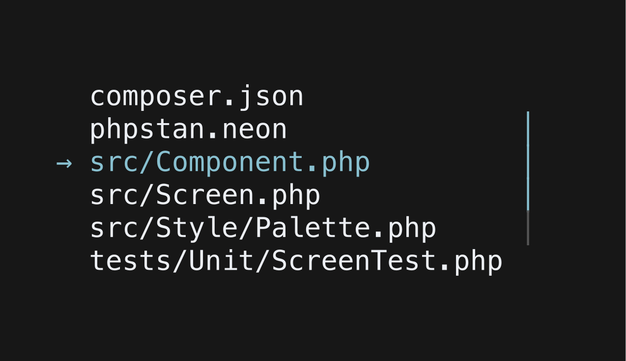 A file list with the third row selected and a scrollbar
